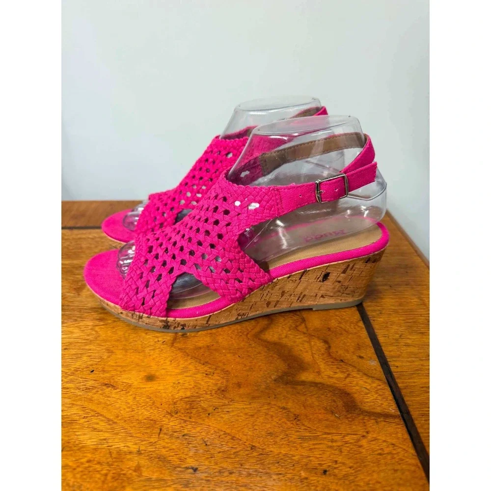 Mudd Girls Hot Pink Woven Wedge Sandals Size 5 Pink Cork Heel Strappy Shoes